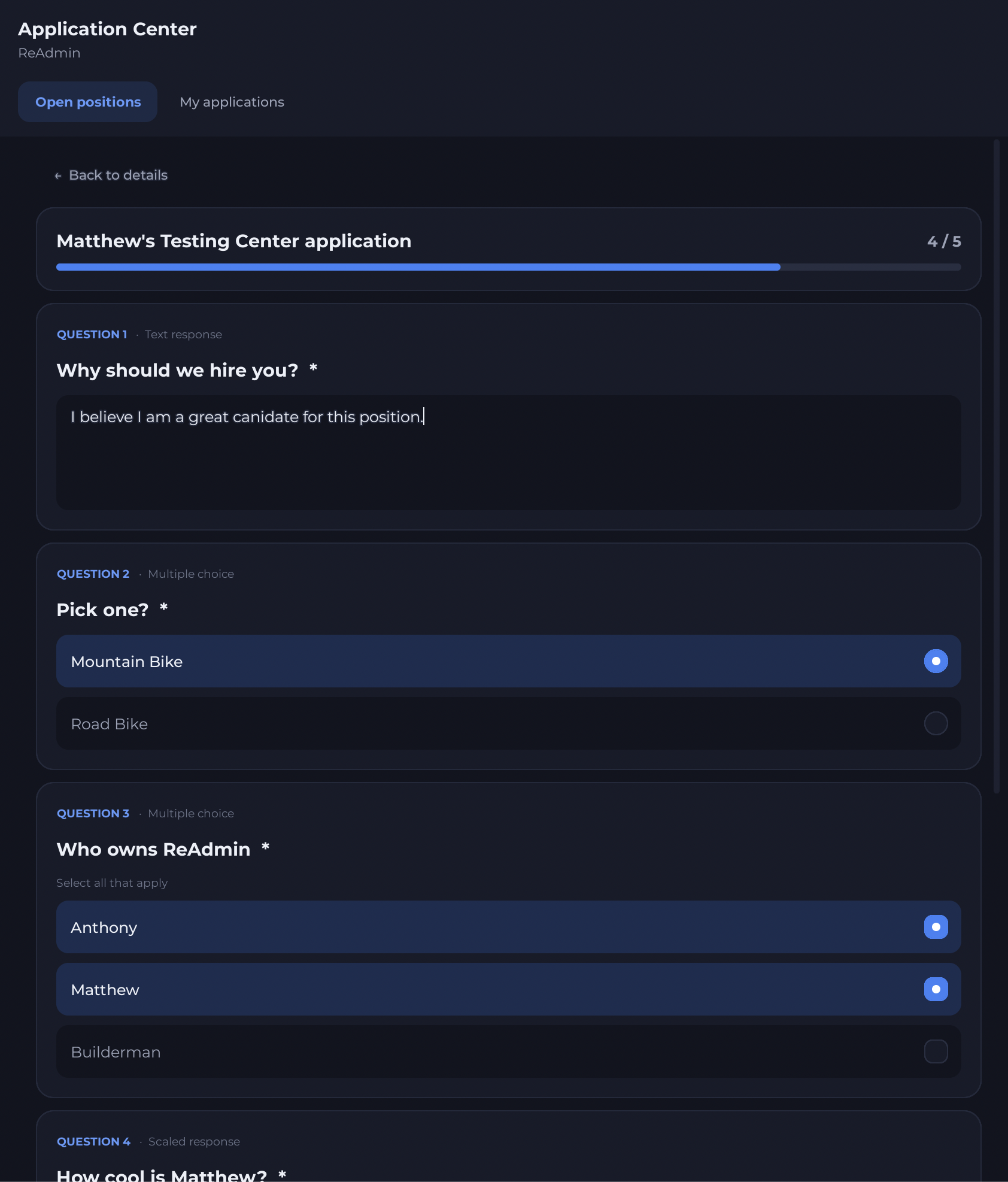 Roblox in-game Application Center showing open positions and a multi-step form