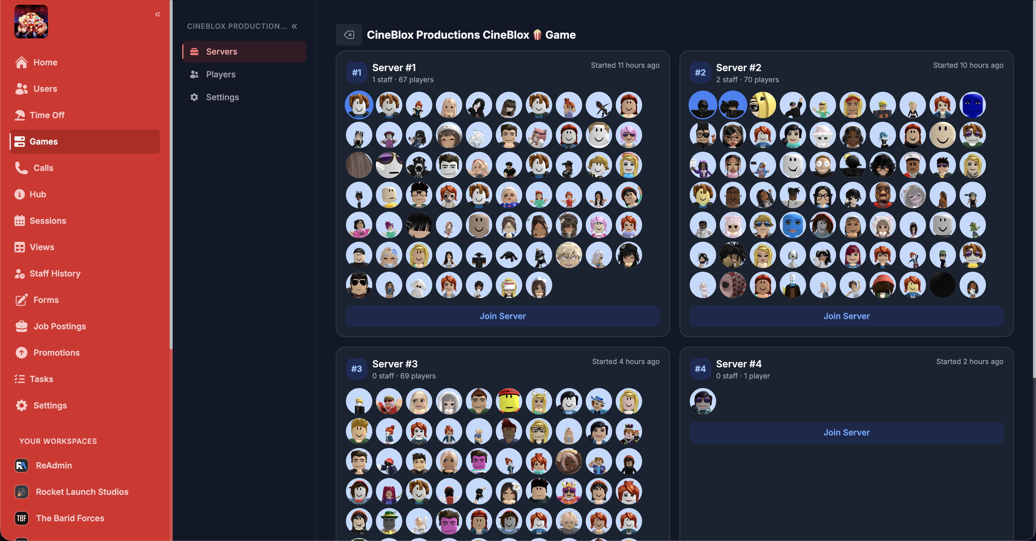 ReAdmin remote admin dashboard managing live Roblox servers