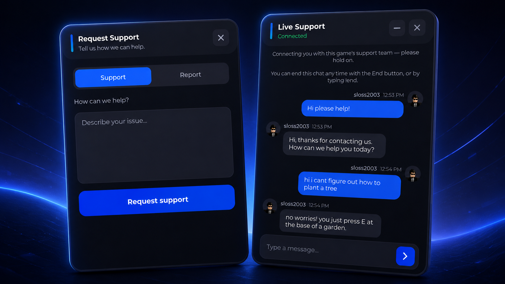 Modern Roblox in-game player support and reporting panel